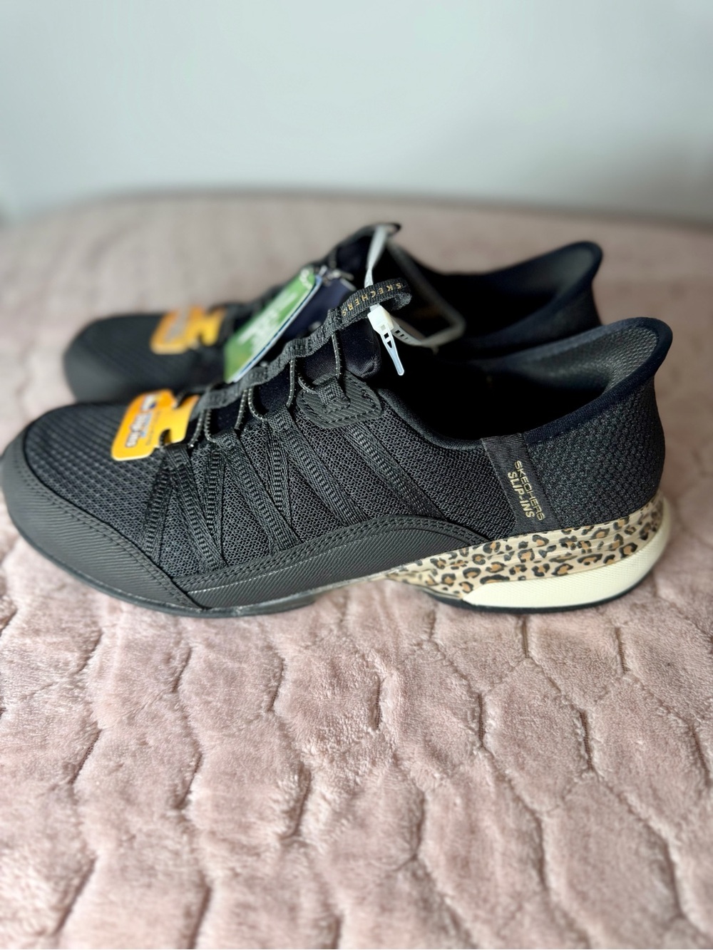 Skechers Black Athletic Slip-On Vegan Sneakers Leopard Accent Size 7.5 NWT